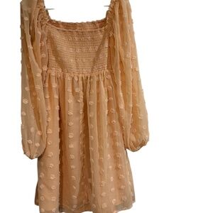 Pink Peach Frilly Short Dress Sheer Long Sleeves Textured Full Baby Doll Style M